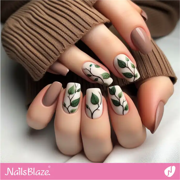 Brown and White Nails with Green Leaves Design | Love the Forest Nails - NB3023